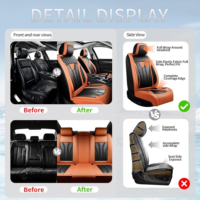 Fit Sienna Premium Leather Car Seat Covers for Toyota Sienna 2007-2025 2026 - Waterproof，Breathable，All-Weather Seat Cushion Protecto & Airbag Compatible, 2 Front Seat Orange&Black - Image 5