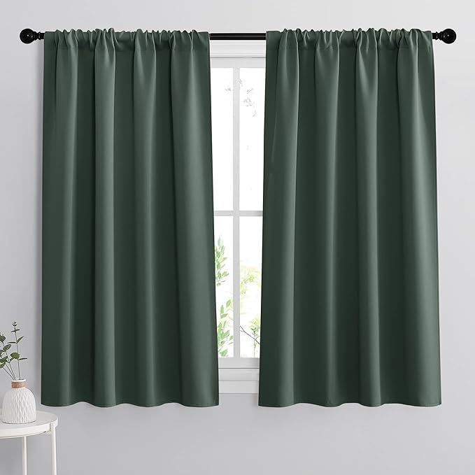 RYB HOME Small Window Curtains 45 inches Length for Kitchen Cafe Bathroom | Room Darkening Curtains & Drapes, Energy Saving, Thermal Insulated, For Kids Bedroom, W42 x L45, Dark Green, 2 Panels by RYBHOME