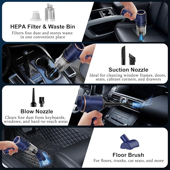 KMM Handheld Car Vacuum Cleaner, Hand Held Vacuum Cleaner and Air Duster | 9000PA Strong Suction, Cordless, 120W High Power, Multi-Nozzles & LED Light, for Home, Car, Office, Pet - Image 6