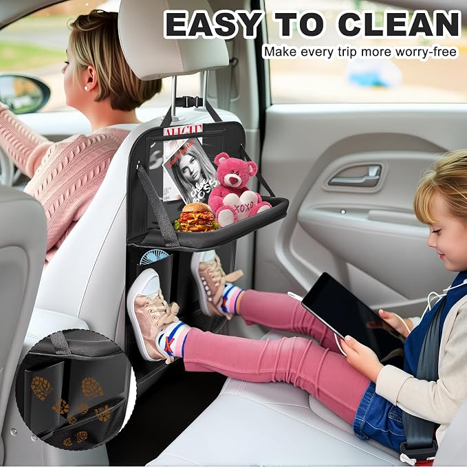 Car Backseat Organizer with Tablet Holder,6 Storage Pockets Car Storage Organizer with Foldable Food Tray,Kick Mats Backseat Protector Travel Accessories (Black) - Image 4