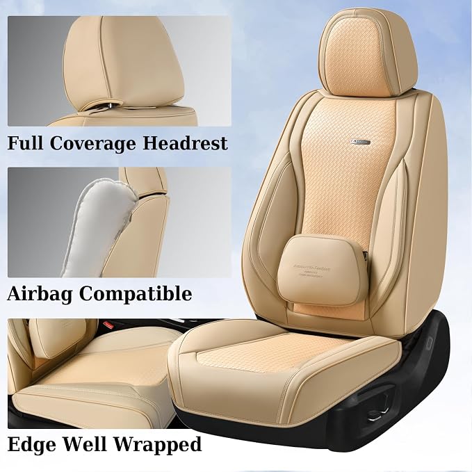 Coverado Seat Covers, Car Seat Covers Front Seats, Waterproof Nappa Leather Auto Seat Cover with Lumbar Head Pillow, Beige Seat Covers Carseat Cover Universal Fit for Most Cars - Image 5