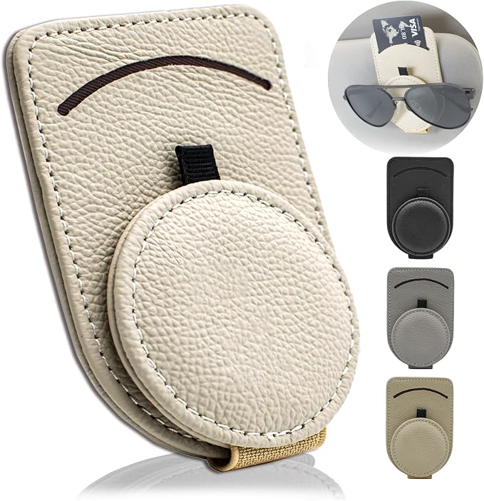 Sunglass Holder for Car Visor, Magnet Adsorbed Sunglasses Holder for Car Accessories Parts, Leather Car Sunglass Holder, Car Visor Sunglasses Clip for Glasses Cards (1PCS, Beige) by Sufilux