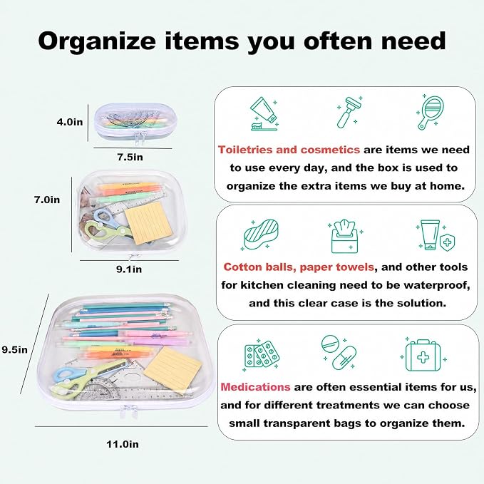 Clear Hard Shell Zipper Case,3PCS Transparent Clear Zipper Pouches,Hard Side Plastic Case Set,Portable Travel Storage Organizer Bins - Image 4