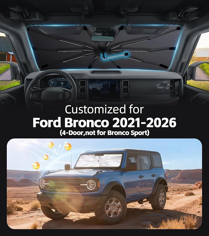 Windshield Sun Shade for Ford Bronco(4-Door，no for Bronco Sport) 2021-2026 | Custom Fit Umbrella Sunshade for UV Blocking, Interior Heat Protection, Easy Storage, UPF 50+ Cool Windshield Cover - Image 2