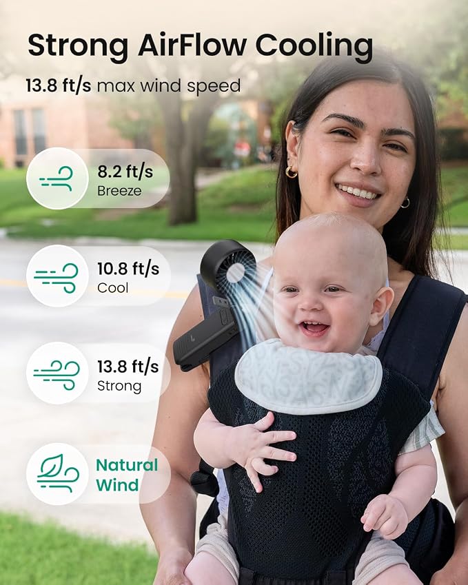 GROWNSY 4-in-1 Portable Baby Stroller Fan with Clip & Night Light, Black | Foldable & Rechargeable, 4 Adjustable Wind Speed for Handheld/Car Seat/Carrier/Beach/Travel/Crib/Camping - Image 3