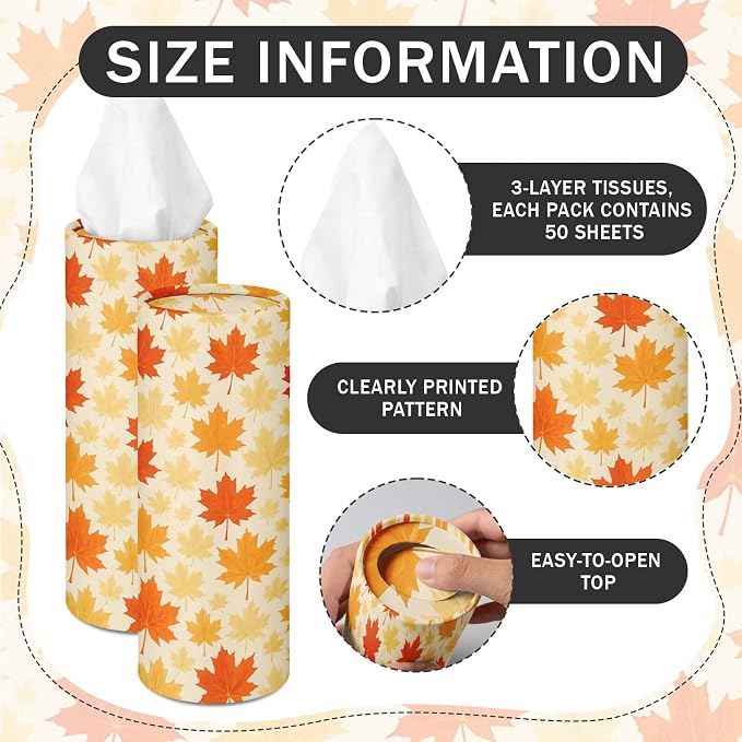 Arttown Car Tissue Holder for Cup Holder Facial Tissues 12 Pack Fall Autumn | Leaves Bulk 3-Ply,Refillable Marble Print Cylinder Tissue Boxes,Fit Car Home Office School (600 Sheets Total,50 Sheets Each) - Image 3