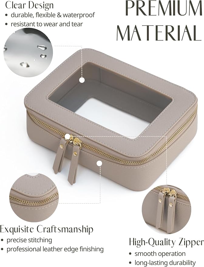 Clear Makeup Bag with Zipper, Set of 2, Mini and Medium, Stone | Clear Travel Bags for Toiletries, Structured Cosmetic Case for Women, Waterproof PU Leather, Wide Open Portable Car Organier - Image 5