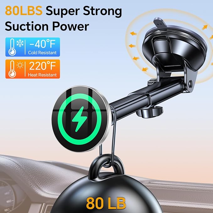 Coolpow for MagSafe Car Mount Charger【Ultra Magnet】 Magnetic Phone Holders for Your Car Charger【Windshield+Vent+Dash】 Magnetic Wireless Car Phone Holder Charger Car Mount for iPhone 17 (Gray) - Image 4