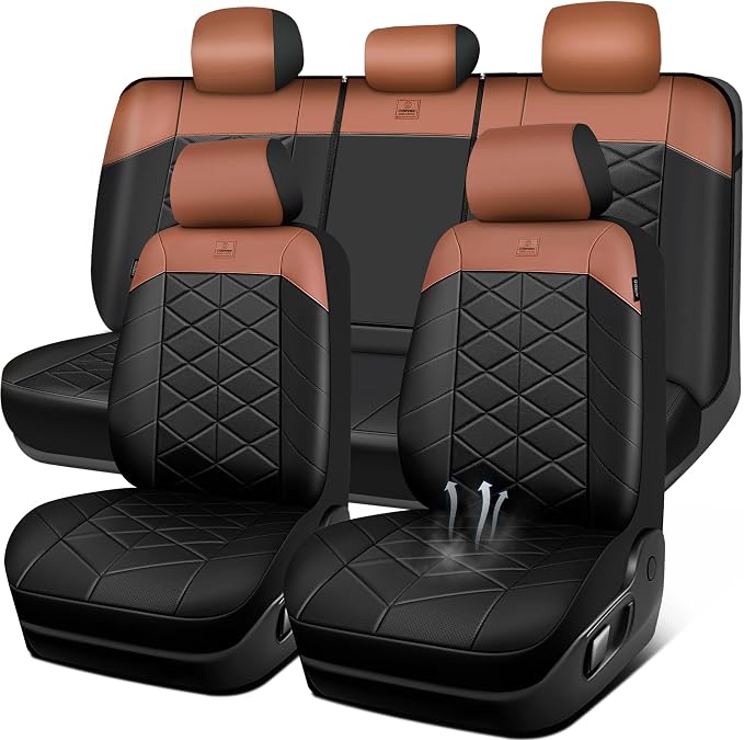 CAR PASS Memory Foam Leather Seat Covers Full Set, Breathable Perforated Nappa Leather Seat Covers Universal Fit for Cars,SUV,Truck Seat Covers Thick 3D Foam Comfortable, Airbag Compatible Black Brown by CARPASS