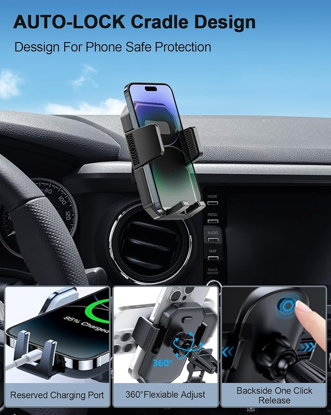 PZK Car Phone Holder for Toyota Tacoma 2016-2023 Accessories Custom Vent | 3rd Gen Tacoma Car Phone Mount Auto Lock Fixed Clip Hands Free 360° Rotation Phone Cradles for All 4.0-7.0'' Smartphones - Image 3