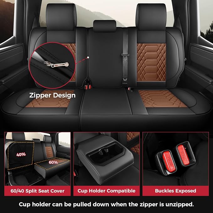 FREESOO Custom Leather for Toyota Tundra Seat Covers 2007-2013 Crewmax Cab | Fit for Crewmax Cab 5 Seats, Full Set, 60/40 Split Bench, Faux Leather, for Truck Toyota Tundra Accessories, BlackBrown - Image 4