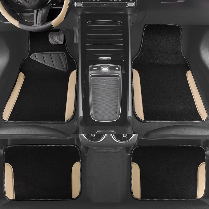 CAR PASS Waterproof Car Floor Mat, Universal Fit Car Mats with Driver Heel Pad, Leather Car Carpet, Anti-Slip Nibbed Backing Floor Mats for SUV, Vans,Sedan,Truck, Automotive Floor Mats (Black Beige) - Image 3