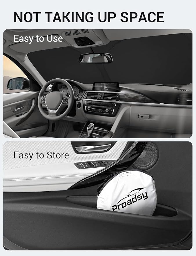 Proadsy Custom Fit 2013-2018 BMW 3 Series Windshield Sun Shade, Blocks Heat | 240T Heat Shield, Drops Temp 54°F, Blocks 99% UV, Prevents Dashboard Cracking, Summer Parking & Beach Trips, Easy Twist-Fold - Image 9