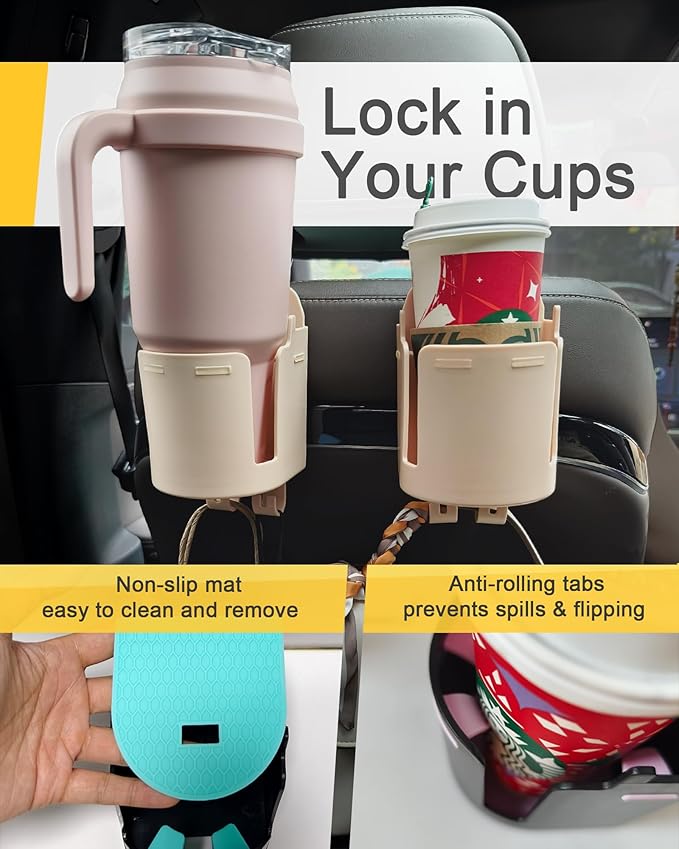 Headrest Cup Holder for Back Seat, Stable Spill-Resistant Drink Holder with Hooks for Bags, Fits 50oz Bottles, Compatible with Sedans, SUVs, and Trucks 2 Pack - Image 3