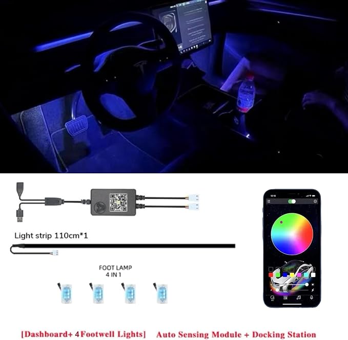 LED Car Ambient Lighting Strip for Tesla High Brightness with APP Control Multiple Colors and Car LED Strip Lighting Neon Lights for Model 3/Y (Dashboard& 4 Floor Lights) - Image 7