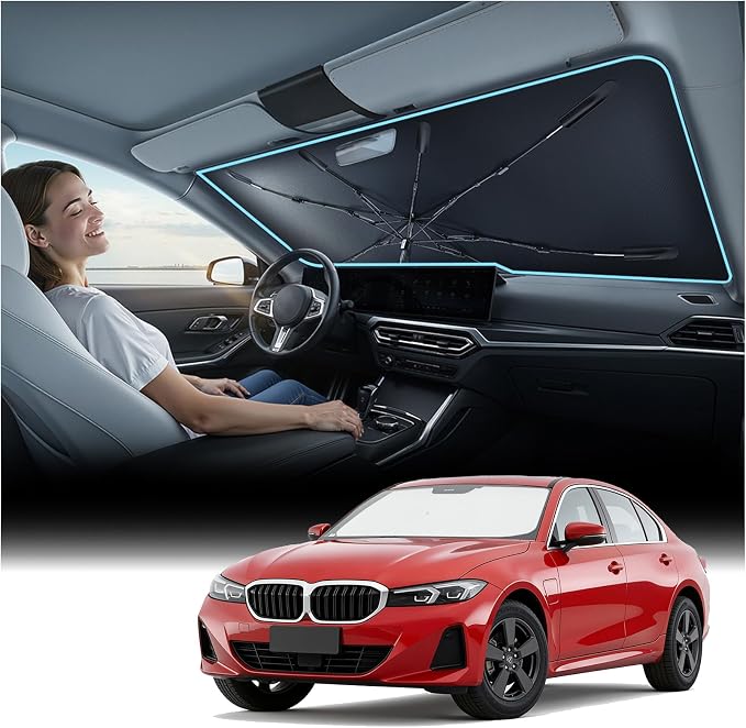 Nmoiss Windshield Sun Shade Umbrella for BMW - [Vinyl Coating Heat Shield] Protect Car from Sun Rays & Heat Damage Keep Cool and Protect Interior by Nmoiss