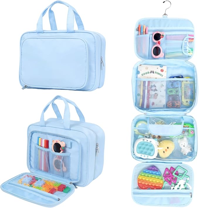 Travel Organizer, Portable Storage Bag for Toys, Snacks, & Activities, Travel Waterproof Organizer Bags with Hook & Carry Handle, Multi-Compartment (Blue) by Unknown