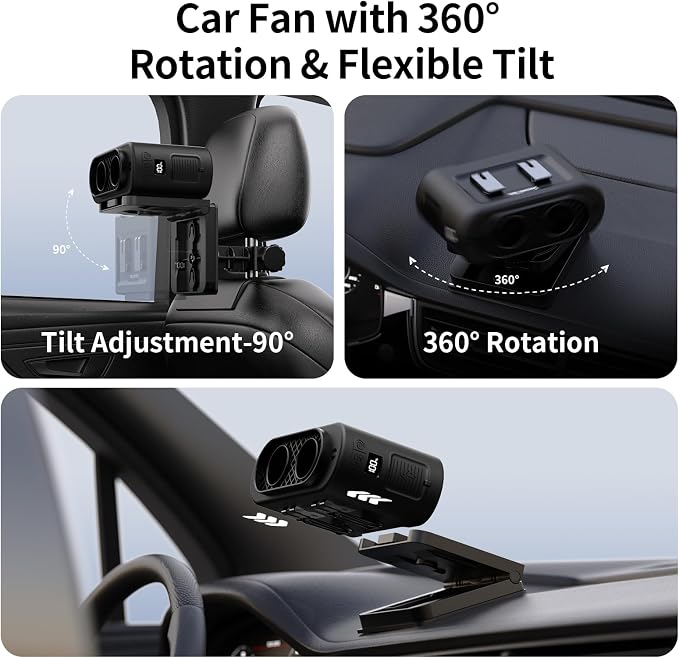 Socool Portable Car Fan Rechargeable Battery Opearated, Clip on Car Seat Headrest 360 Rotatable, 5-Speed Backseat Fans for Baby Rear Facing Cooling with Dual Air Outlets for SUV RV Truck - Image 5