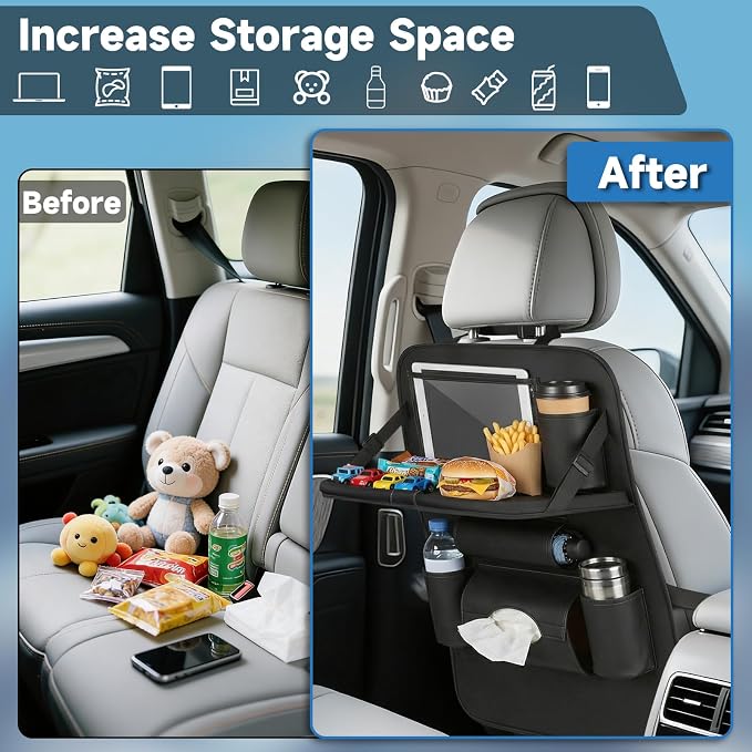 Car Seat Back Organizer with Foldable Table Tray Back of Seat Car Organizer with Touch Screen Phone Holder Premium Pu Leather Material for Kids, Pets & Travel Accessories(1 Pack) - Image 3