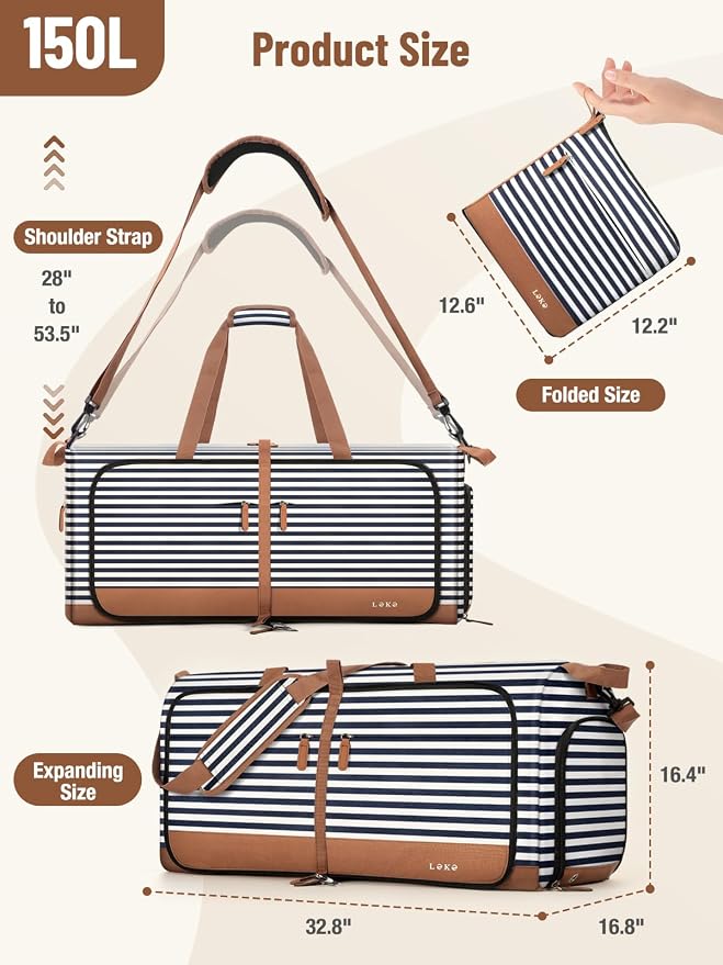 Lekesky Foldable Travel Duffle Bag for Women, Large Duffel Bag with Separate Shoes Compartments & Straps, Carry On Weekend Bag for Women, Hospital, Overnight (Blue Stripe, 150L) - Image 3