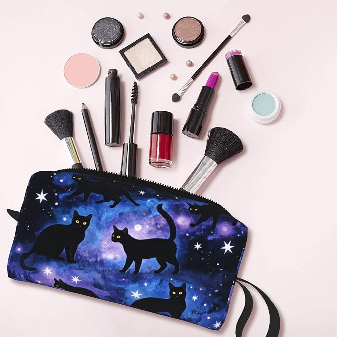 Black Cats Galaxy Stars Makeup Bag for Women with Wrist Strap | Durable 600D Oxford Fabric Cosmetic Organizer,Compact Travel Pouch with Handle for Gym & Daily Use - Image 6
