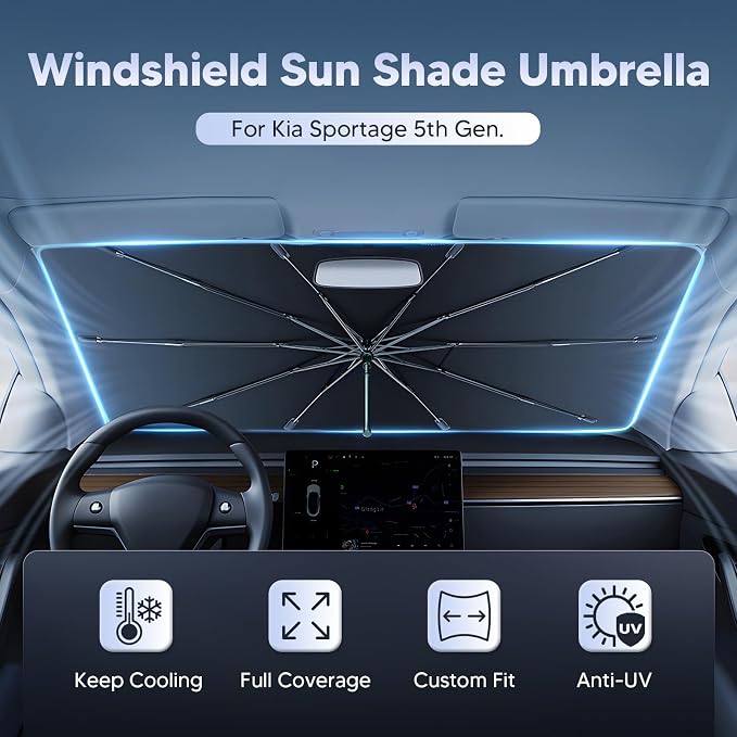 Autorder Windshield Sun Shade Umbrella for 2021-2026 Kia Sorento SUV Accessories,Upgraded Ice Crystal Material,Easy Setup Umbrella Sunshade for Car Windshield,100% Sun Blocking - Image 2