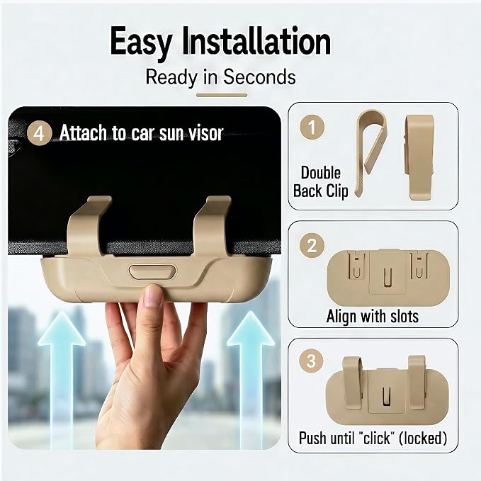 Car Sun Visor Sunglasses Holder,Beige ABS Eyeglasses Case | Card Storage,Soft Flocked Interior,Anti-Rattle Triangle Slot,Double Clips,Push Button Access,Scratch Protection,Universal Fit - Image 4