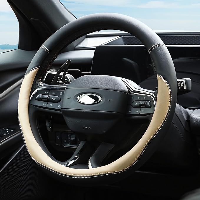 Microfiber Leather Steering Wheel Cover Universal 15 inch (Beige) - Image 2