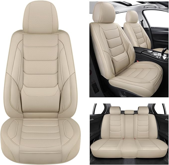 Leather Car Seat Covers Full Set Automotive Seat Protectors | Breathable Waterproof Durable Full Surround & Lumbar Support Design Non-Slip Universal Fit for Most Cars SUV Trucks Van Beige - Image 2