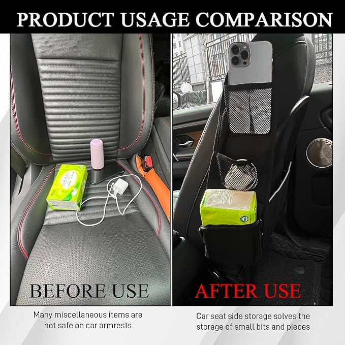 Car Seat Side Organizer, Seat Side Storage Pocket, Multifunctional Mesh Net Pocket, Car Multi-Pockets Backseat Organizer Side Hanging Bag for Storage Coins, Cell Phones, Glasses (Black, 1PCS) - Image 4
