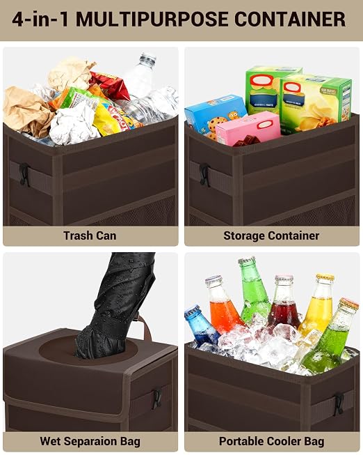 Capolo Car Trash Can with Lid, Leakproof Car Garbage Can Car Trash Bag | Waterproof, Trash Can for Car, 3 Mesh Pockets, Mini Hanging Vehicle Car Trash Bin, for Back/Front Seat (Brown,2.5 Gal) - Image 5