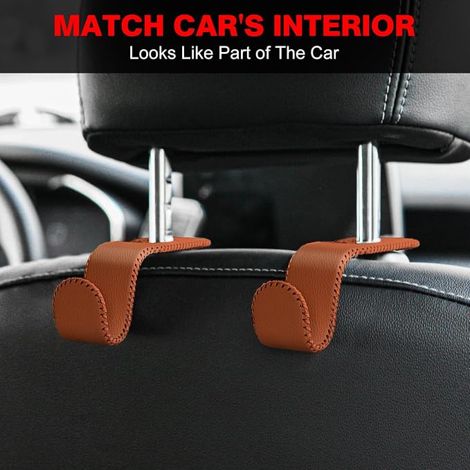 AMVOYOA Leather-Wrapped Car Headrest Hooks & Seat Back Organizer - 2 Pack U-Shaped Car Purse Holder for Bags, Coats, Handcrafted Stitching, Flexible Car Accessories for Women (Brown) - Image 2