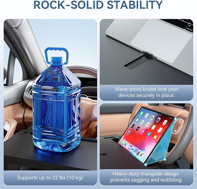 Extendable Steering Wheel Tray, Adjustable Car Laptop Desk Table | ABS, 22 lb capacity, 15-26 in extendable tray, 360° buckle, tablet slot, fold-flat storage, for parked work and dining - Image 6