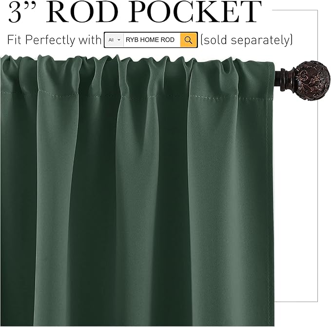 RYB HOME Small Window Curtains 45 inches Length for Kitchen Cafe Bathroom | Room Darkening Curtains & Drapes, Energy Saving, Thermal Insulated, For Kids Bedroom, W42 x L45, Dark Green, 2 Panels - Image 2