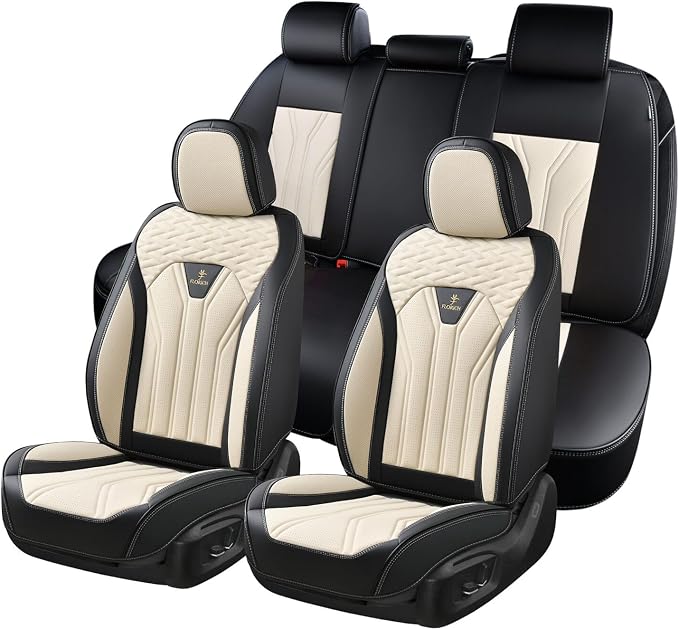 Leather Seat Covers, Seat Covers Full Set, Car Seat Protectors 5 Seats, Automotive Seat Covers Fit for Most Cars Trucks SUV- Black&Beige by FLORICH