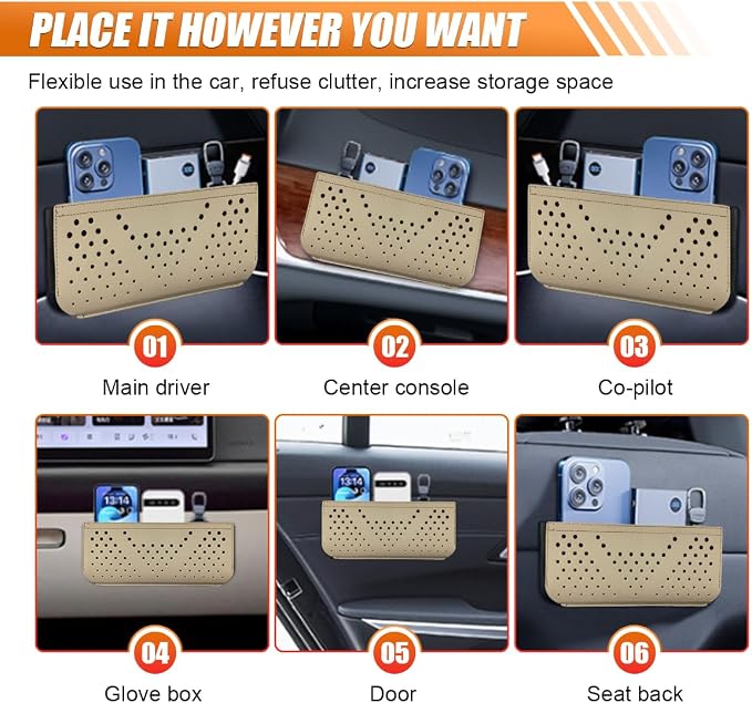 Car Seat Side Pocket Organizer, Multifunctional Mini Console Storage Bag for Phone, Keys, Sunglass, Wallet, PU Leather Tray Pouch Car Organizer Accessories for Seat, Door, Window, Console (Beige) - Image 5