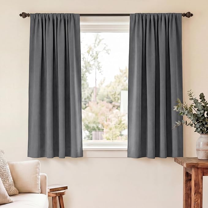 RYB HOME Short Blackout Curtains for Bedroom, Room Darkening Insulated | Rod Pocket, Summer Heat Light UV Blocking, Energy Saving, Drapes for Nursery, W34 x L45, Grey, 2 Panels by RYBHOME
