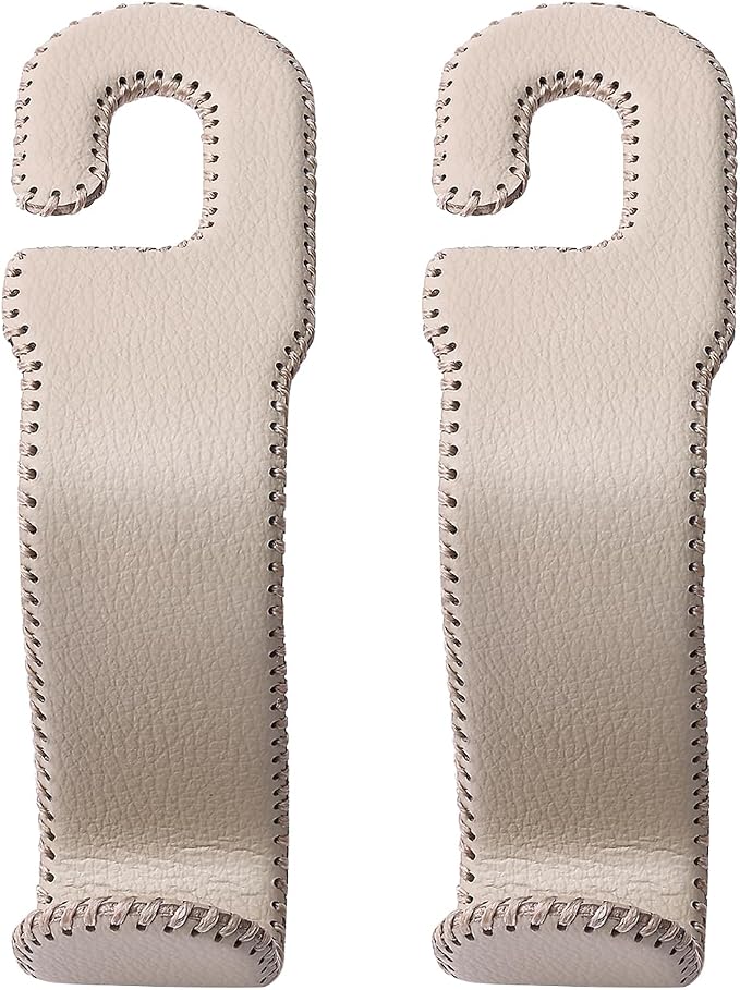 AMVOYOA Leather Car Hooks for Headrest - Fully Leather-Wrapped U-Shaped Purse Holder for Car, Flexible Seat Back Organizer & Durable Car Accessories for Purses, Bags, Coats & More (Beige, 2 Pack) by AMVOYOA