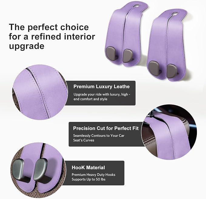 CoBak Purse Hook for Car - Universal Premium Stitched Leather and Aluminum-Magnesium Alloy Double Car Seat Back Storage Hook for Purses, Handbags, Bags (2 Pack),Amethyst Purple - Image 2