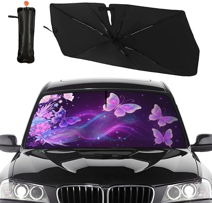 Butterfly Flowers Car Windshield Sun Shade Umbrella Bendable Handle Foldable Funny Sunshade for Car Windshield Block UV Rays Keep Vehicle Cool for Most Sedans SUV Trucks Cars 57"x30" by DOPINDU
