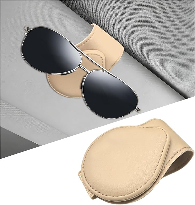 Magnetic Sunglass Holder for Car Visor, Leather Vehicle Sunglass Hanger Clamp Card Holder with Magnet, Universal Eyeglass Clamp Visor Ticket Organizer for Cars Trucks SUVs (Beige) by Pxobiug