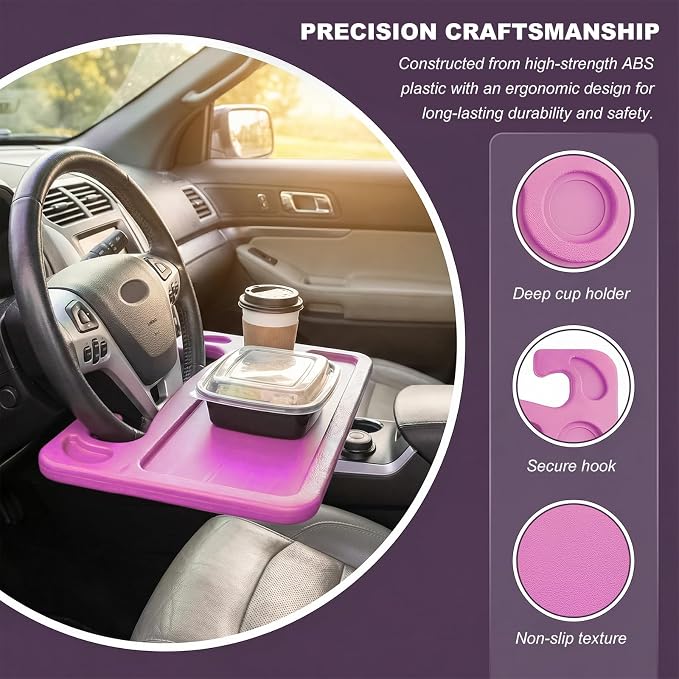 2 in 1 Car Steering Wheel Desk, Multipurpose Auto Table with Cup Holder and Pen Slot, Portable Double Sided Design Steering Wheel Tray for Eating & Work, Car Accessories (Pink) - Image 5
