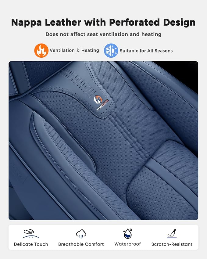 Huidasource Blue Back Seat Cover Luxury Nappa Leather, Rear Seat Cover with Velcro Adjustable, Ventilation Holes, Child Safety Seats, Back Seat Car Cover Universal Fit for Most Cars SUV Trucks, Blue - Image 5