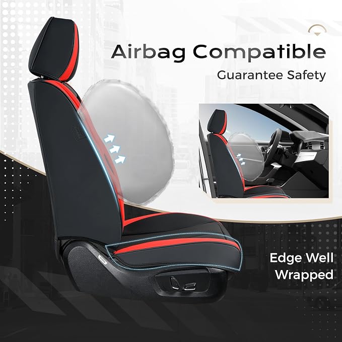 Coverado Seat Covers, Car Seat Covers Front Seats, 2 Pack Black and Red Leather Seat Covers, Waterproof Car Seat Protector with Lumbar Support, Front Seat Covers Universal Fit for Most Cars - Image 4