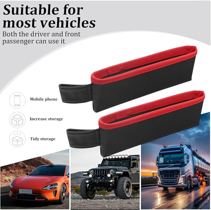 2PCS Car Seat Gap Filler Organizer, Leather Seat Gap Catcher Holder Pocket for Phones Keys Glasses, Auto Center Console Side Crevice Stopper Storage Box, Universal for Vehicles (Black/Red) - Image 4