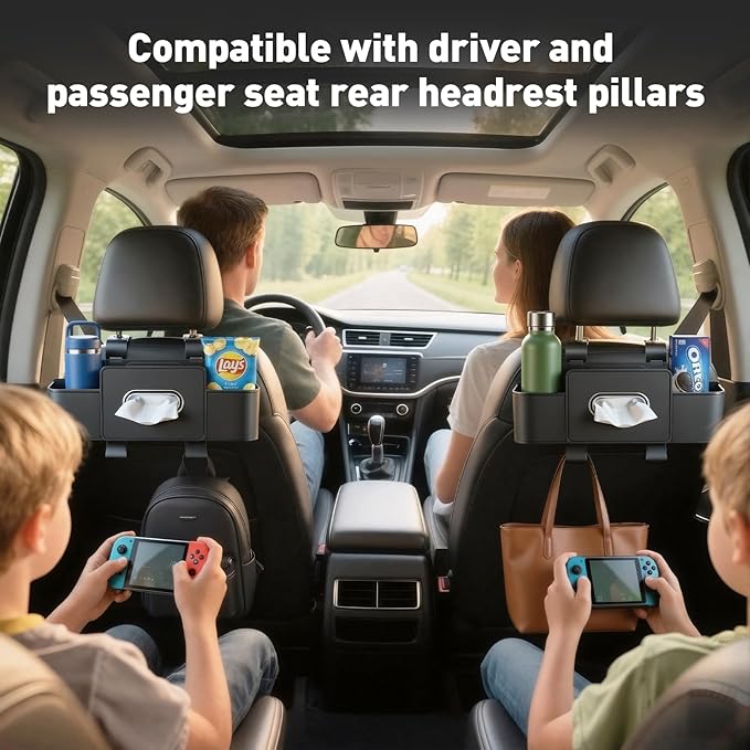 2 Pack Back Seat Car Organizers with Tissue Box and Cup Holders, Balck | Each organizer combines tissue storage, 2 cup holders, phone pocket and hooks to keep rear-seat essentials organized. - Image 3