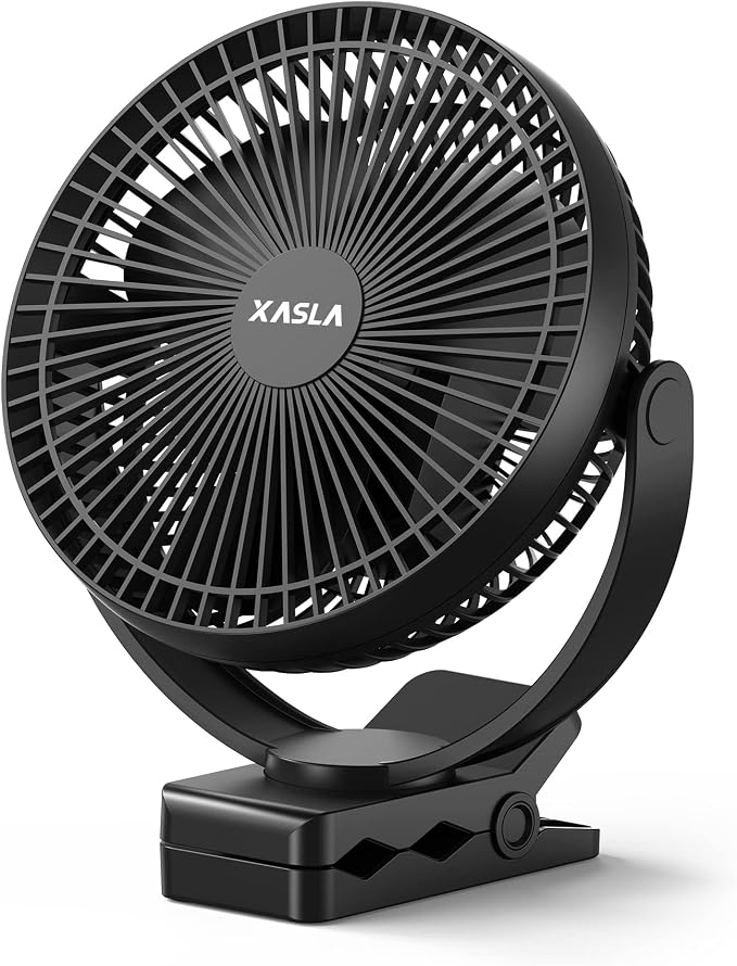 Xasla 10000mAh Portable Clip on Fan, 8 inch, Rechargeable Battery, Black | 24 Hours Work Time, 4 Speeds, Ideal USB Fan for Golf Cart, Outdoor Camping, Travel, Home, Office, Treadmill by XASLA