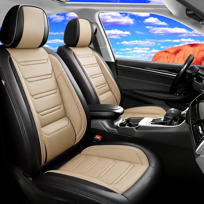 Fit Ioniq Seat Covers Custom Fit for Hyundai Ioniq 2017-2026, Front Pair | Premium Leather Full Coverage Protector, Waterproof, Breathable, Scratch Resistant, Easy Wipe, Airbag Compatible, Black+Beige by FiveFox