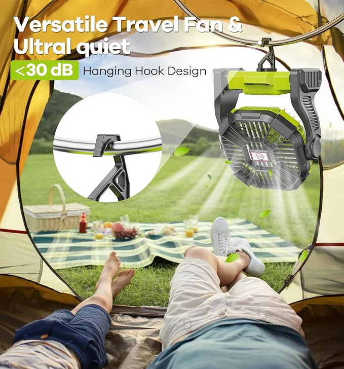 DOWILLDO 10400mAh Portable Battery Powered Camping Fan - with LED Light, Quiet Battery Operated, Camping Gear for Travel, Tent, Beach, Car or Hurricane Power Outages, Green - Image 6