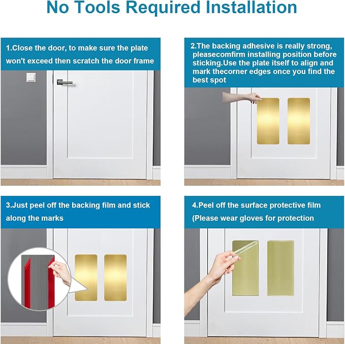 Dog Door Protector from Scratching, Steel Guard, Brushed Gold 8"x16" | Prevents Claw Marks & Scuffs, Smooth Rounded Corners, Self-Adhesive Install, Anti-Scratch Kick Plate, 2 Pcs - Image 6